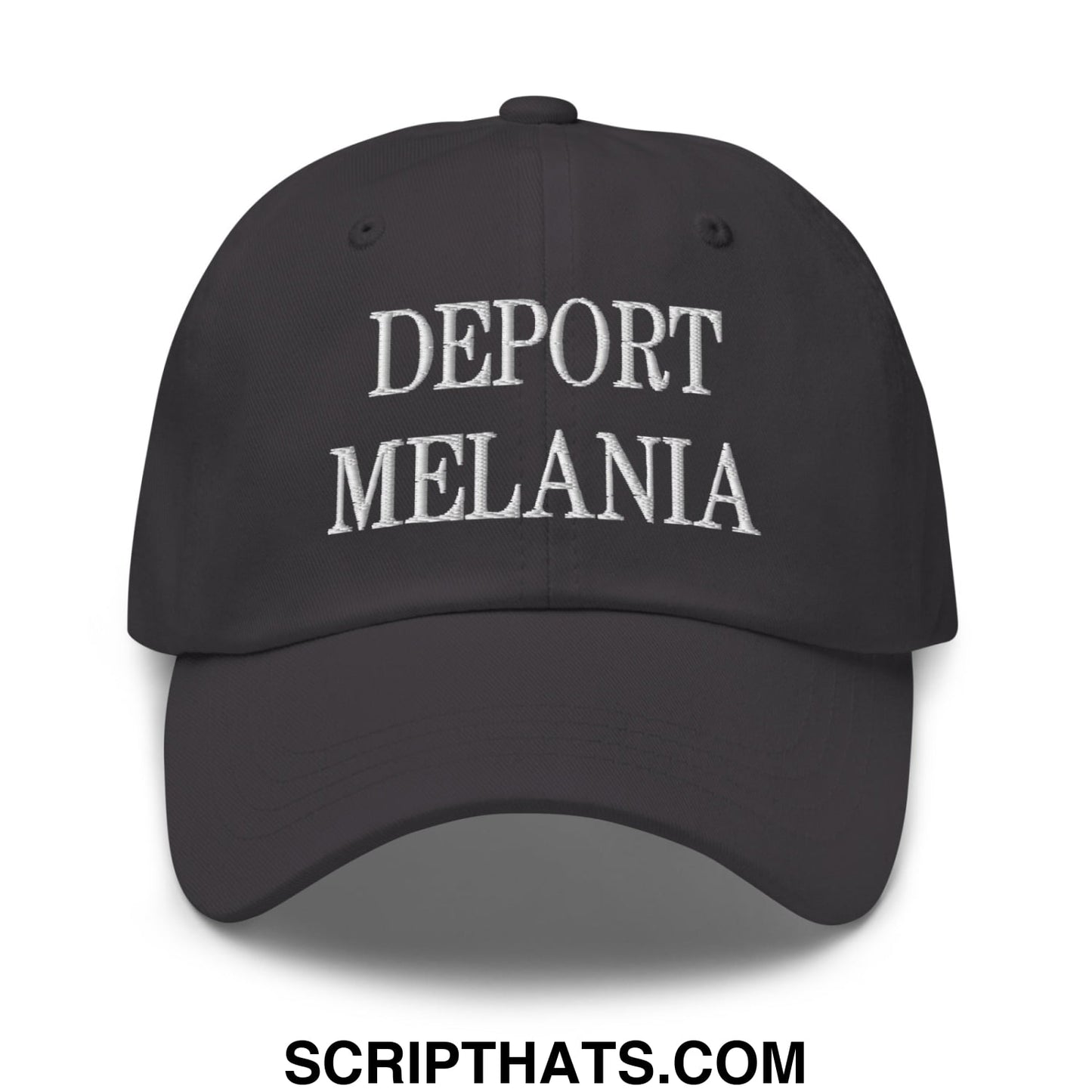 Black unstructured dad hat with white embroidered deport melania text perfect for casual wear