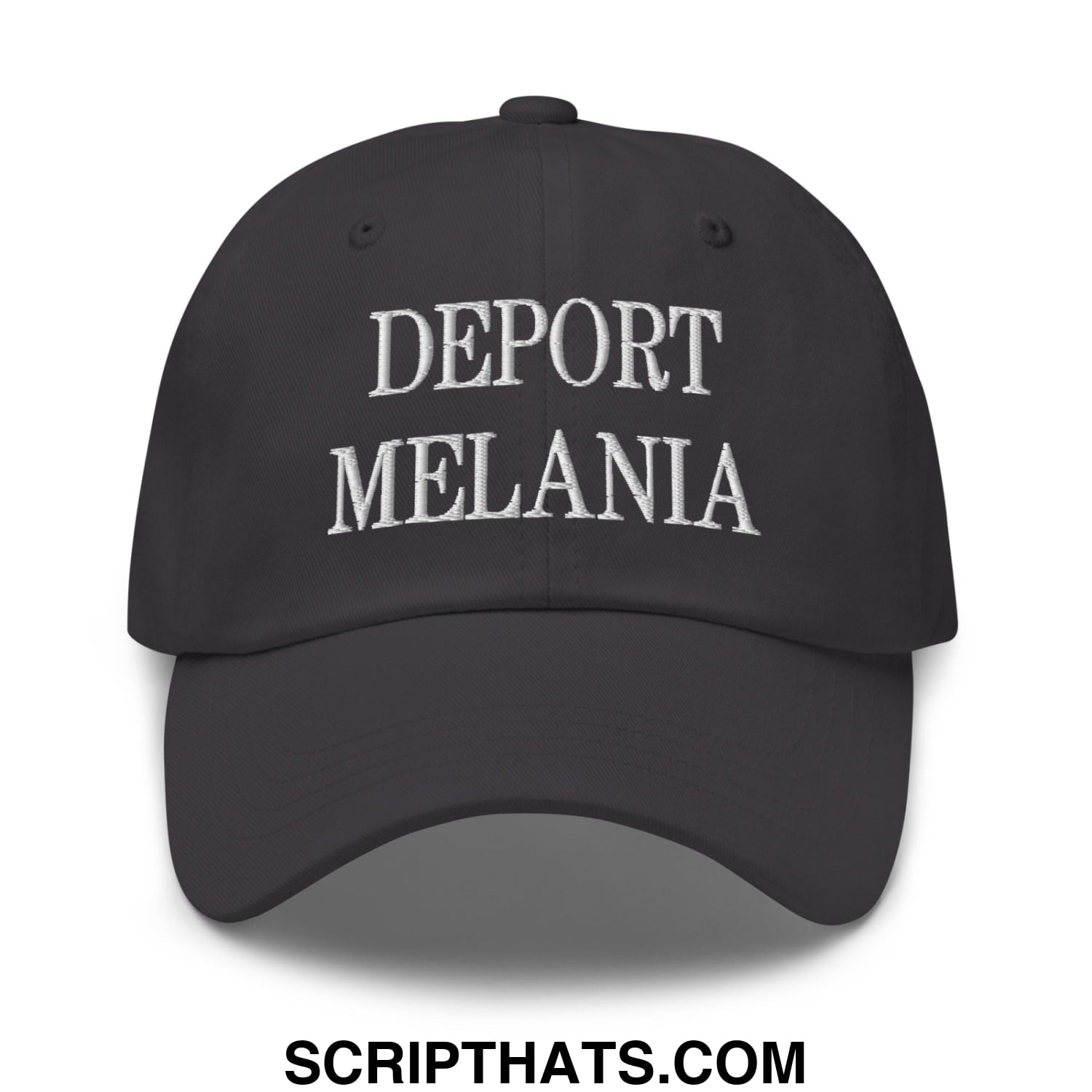 Black unstructured dad hat with white embroidered deport melania text perfect for casual wear