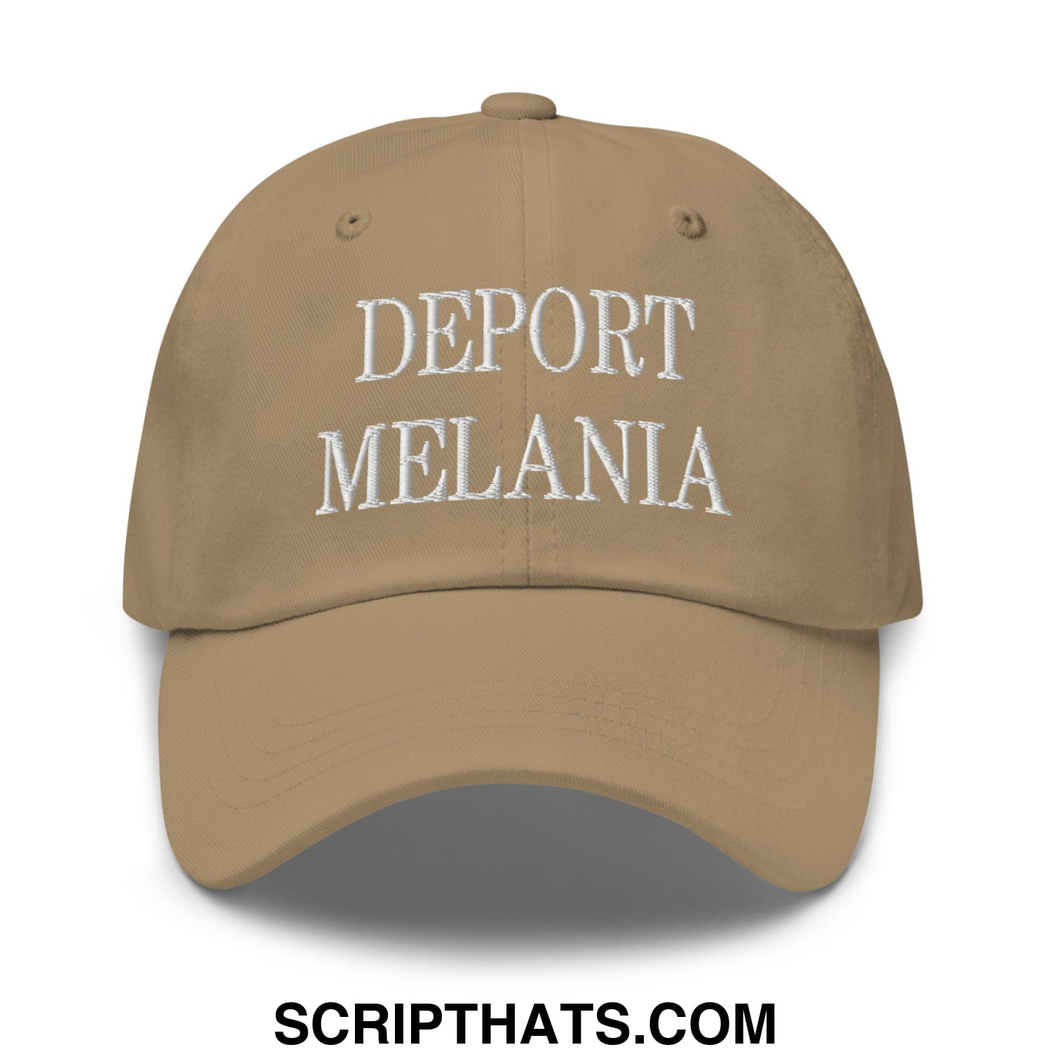 Tan unstructured dad hat with white embroidered text deport melania perfect for casual wear