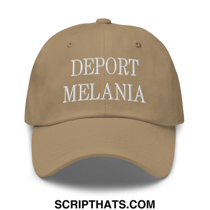 Tan unstructured dad hat with white embroidered text deport melania perfect for casual wear