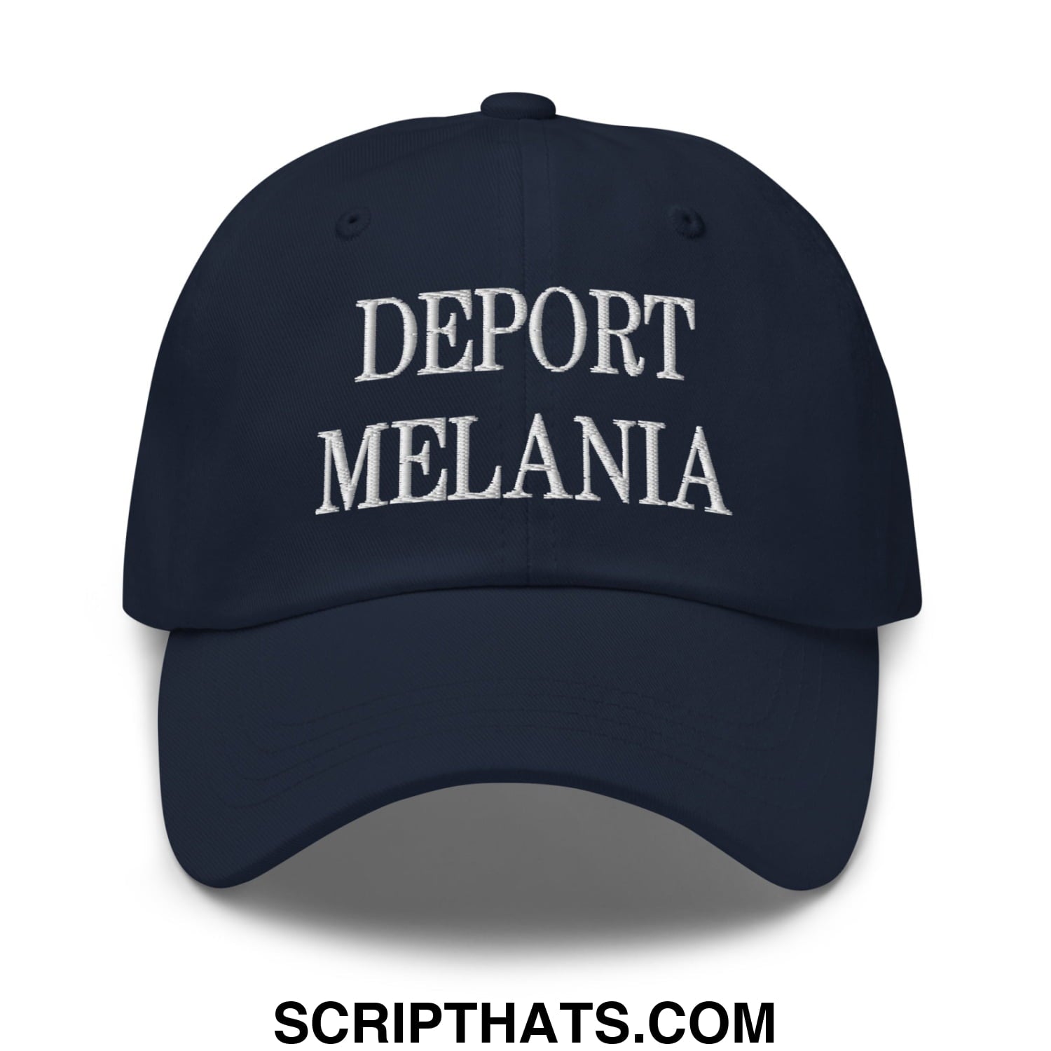 Navy blue unstructured dad hat with white embroidered text deport melania featuring a relaxed fit design