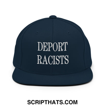 Navy blue snapback hat with white embroidered deport racists text and flat bill brim for casual wear