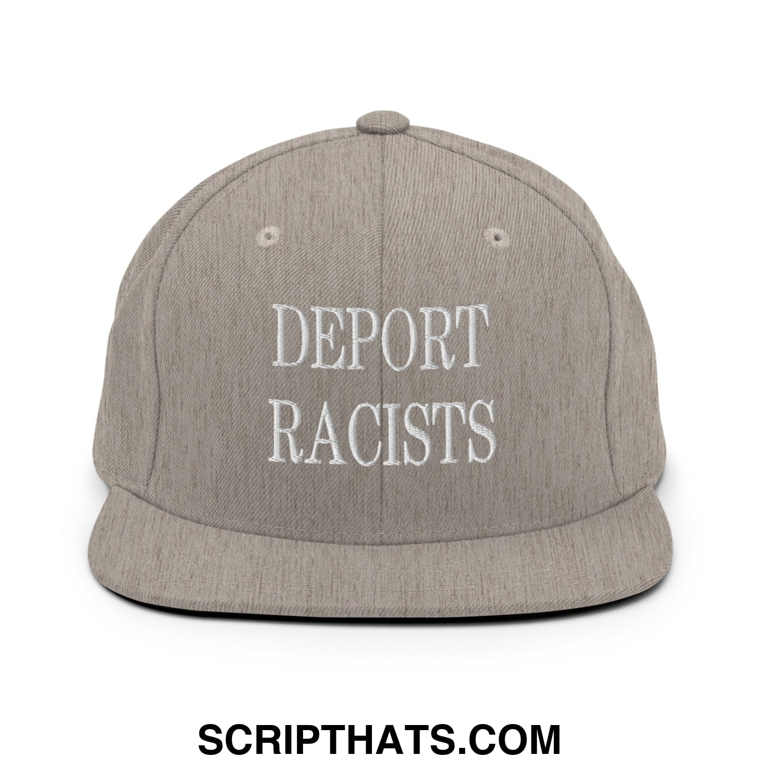 Gray snapback hat with white embroidered text reading deport racists flat bill brim casual streetwear accessory