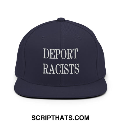 Navy blue snapback hat with white embroidered deport racists text and flat bill brim for casual wear