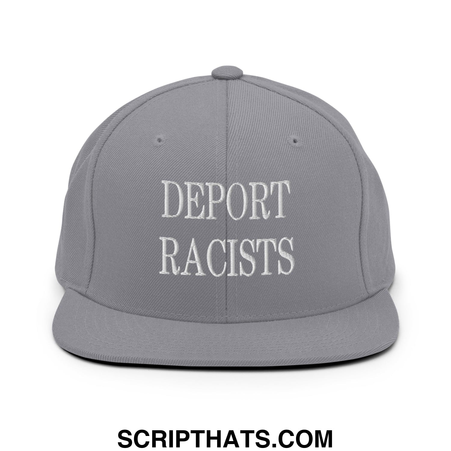 Gray snapback hat with white embroidered deport racists text flat bill brim for casual wear