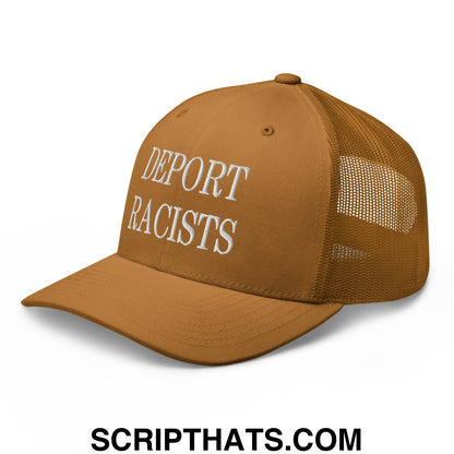 Tan mesh trucker hat with white embroidered deport racists text on front for casual wear and sun protection