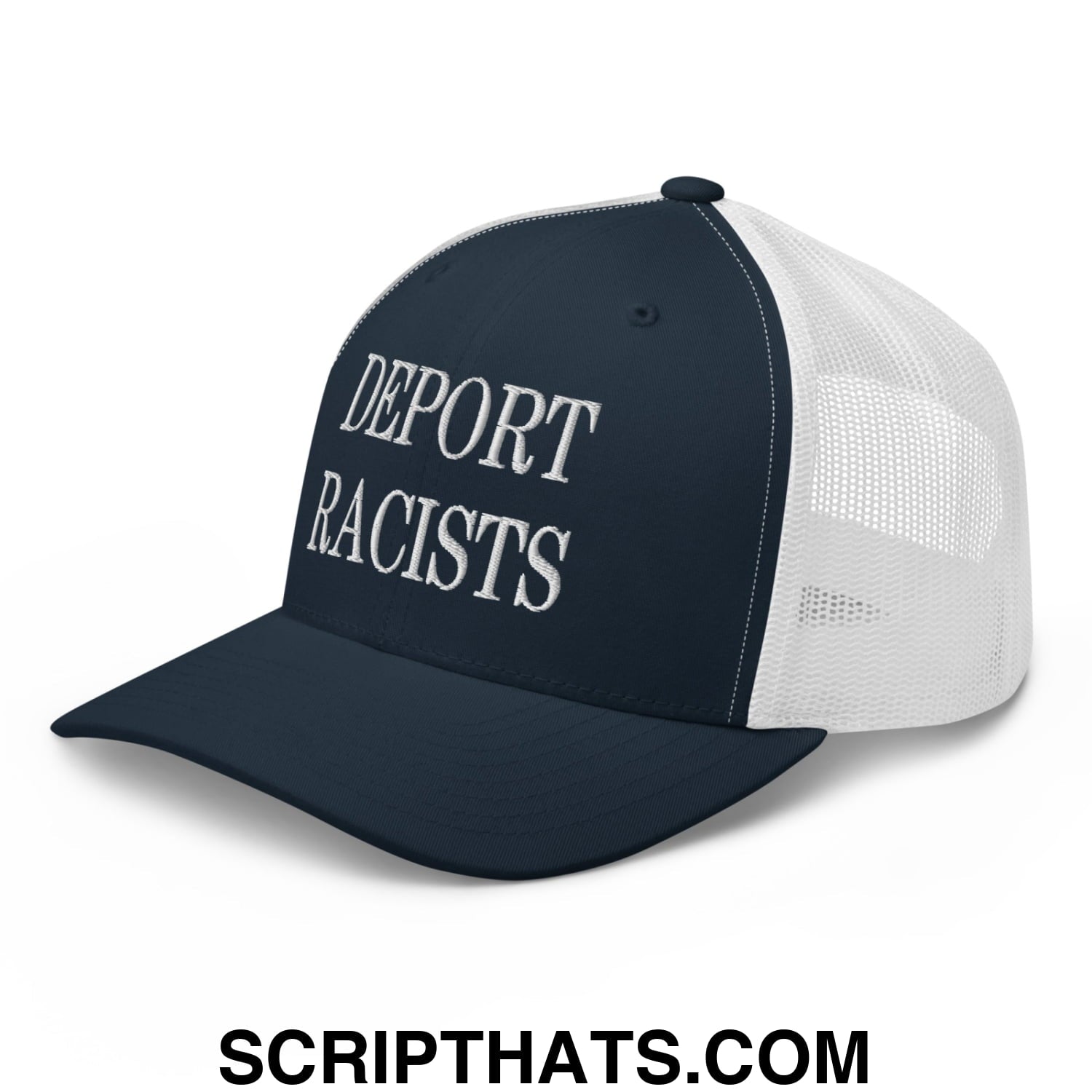 Navy blue and white mesh trucker hat with deport racists embroidered in silver thread on the front panel