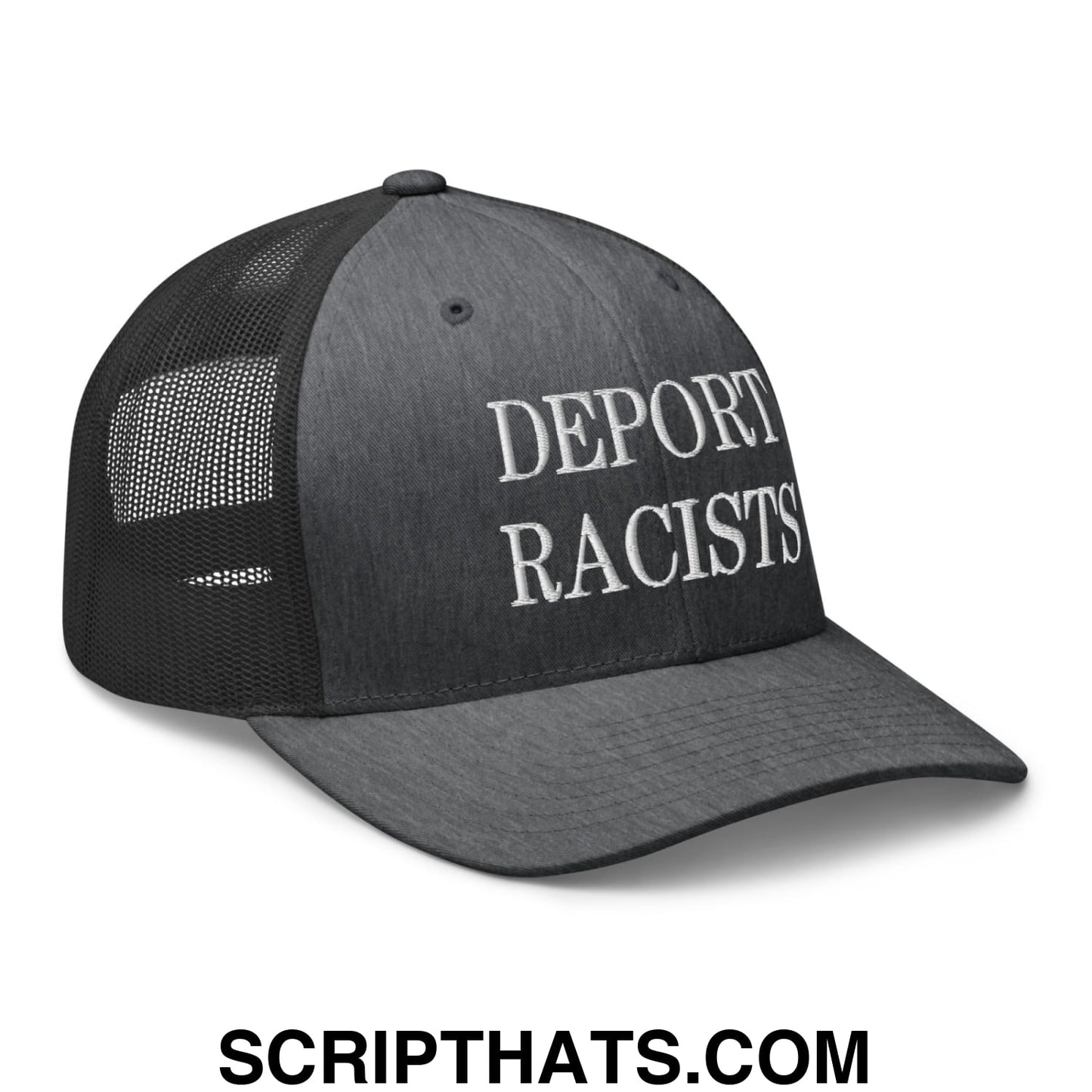 Black mesh trucker hat with white embroidered deport racists text on front panel for casual wear