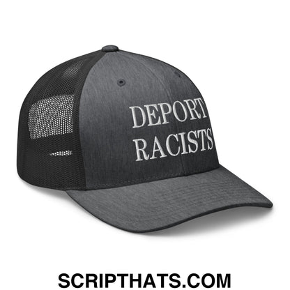Black mesh trucker hat with white embroidered deport racists text on front panel for casual wear