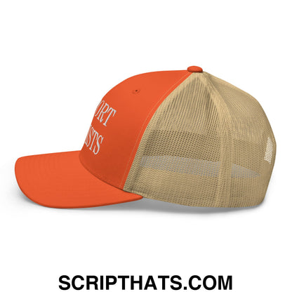 Orange and beige mesh trucker hat with white deport racists embroidered text on front panel