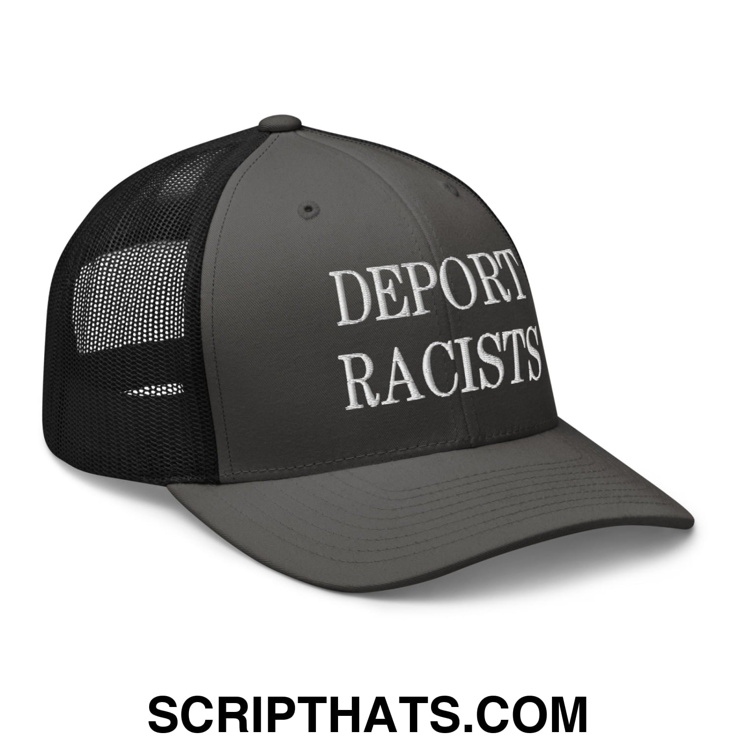 Dark gray mesh trucker hat with white embroidered deport racists text on the front panel
