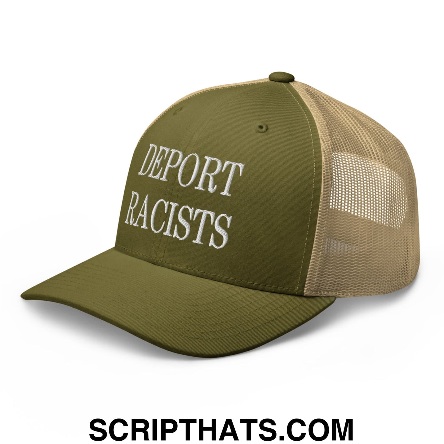Olive green and tan mesh trucker hat with white embroidered deport racists text on the front panel