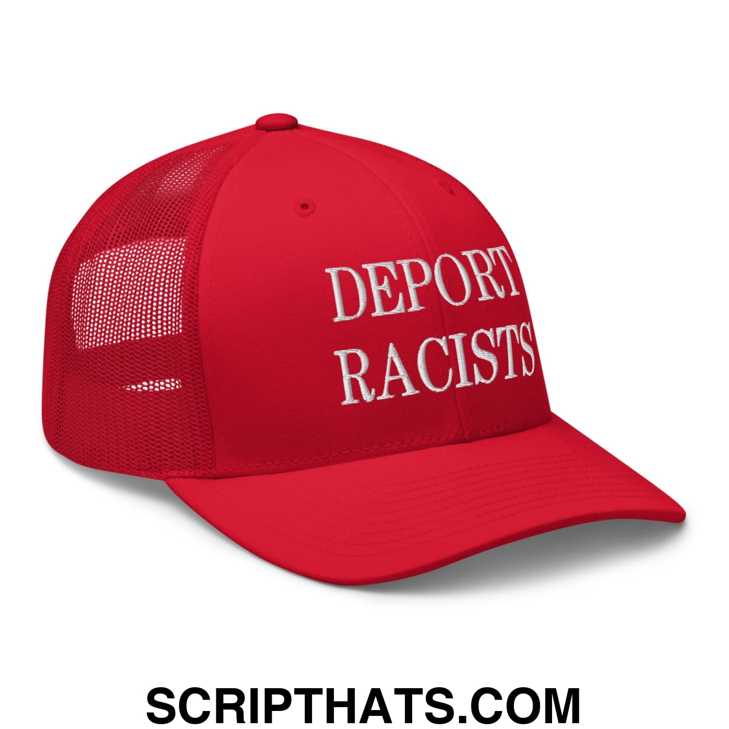 Red mesh trucker hat with white embroidered deport racists text on the front panel