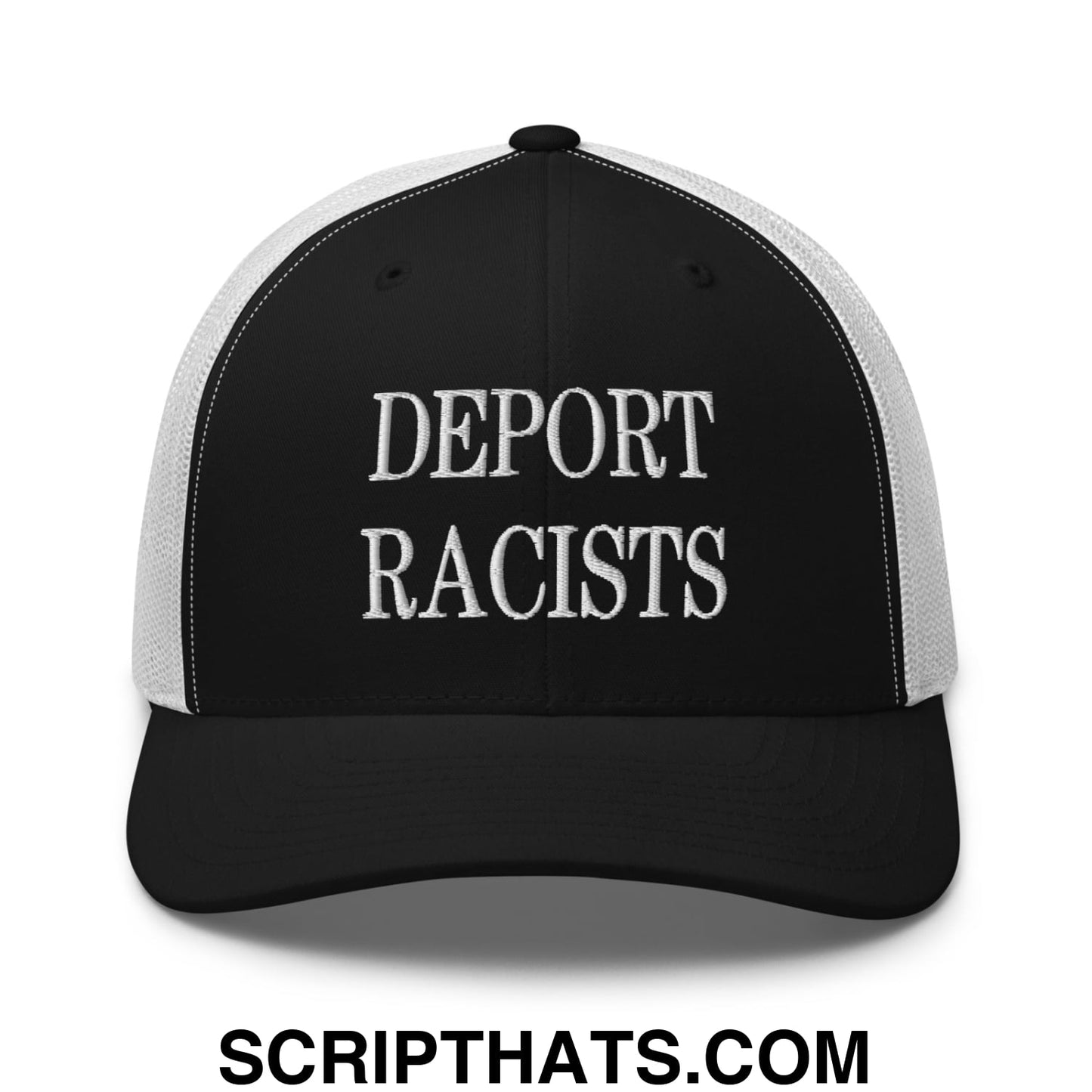 Black and white mesh trucker hat with deport racists embroidered in bold raised white thread on the front