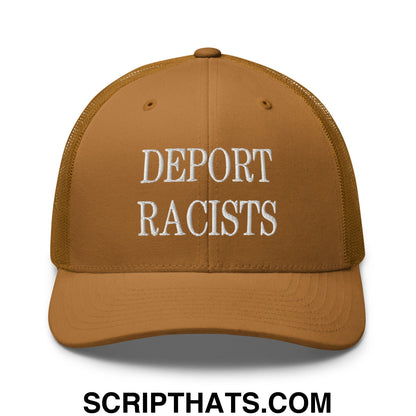 A tan mesh trucker hat with white embroidered deport racists text across the front in a classic style