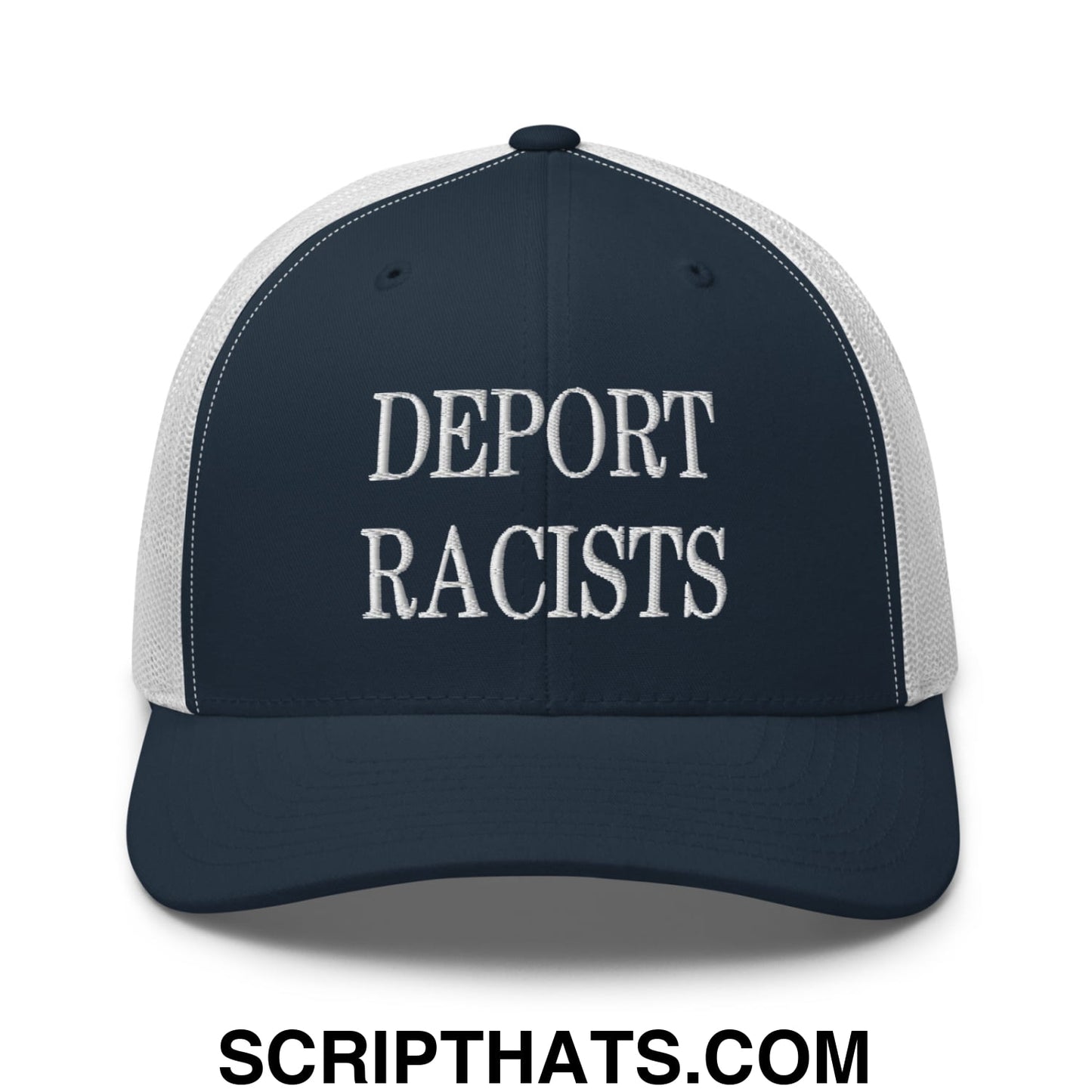 Navy blue and white mesh trucker hat with embroidered deport racists text in bold uppercase font