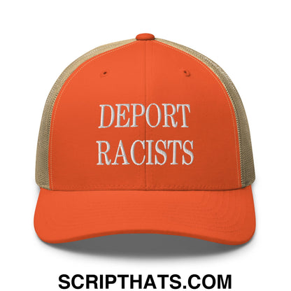 Orange and beige mesh trucker hat with white embroidered text reading deport racists for casual wear