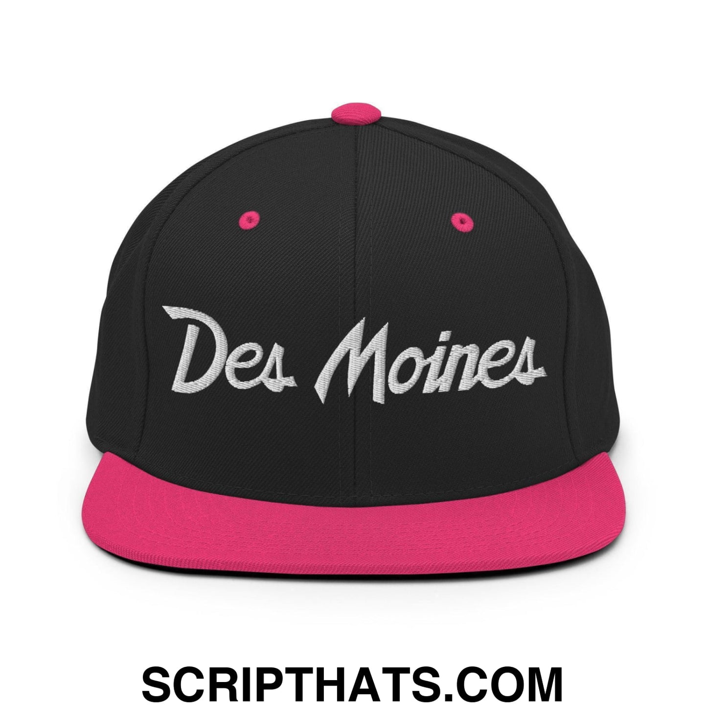 Des Moines Script Snapback Hat Black Neon Pink