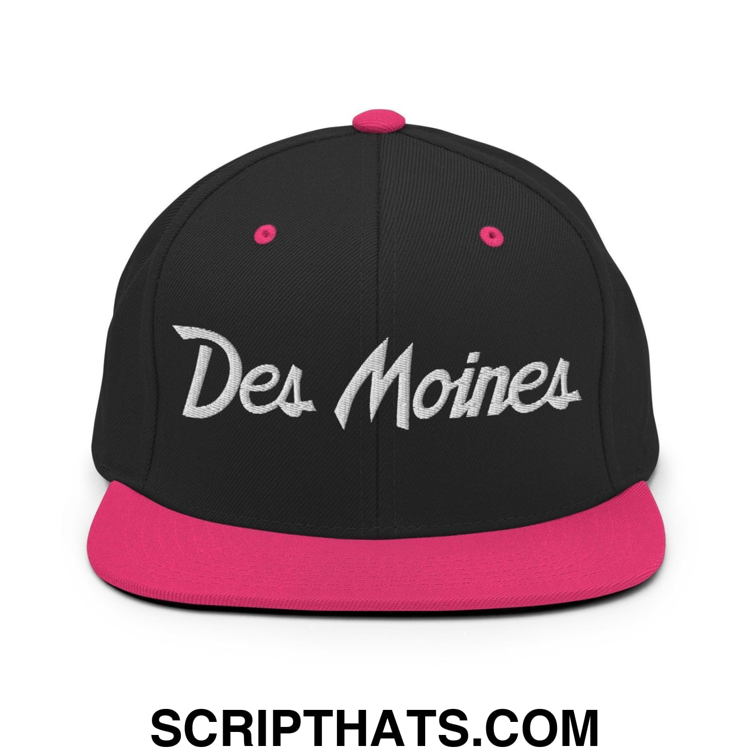 Des Moines Script Snapback Hat Black Neon Pink