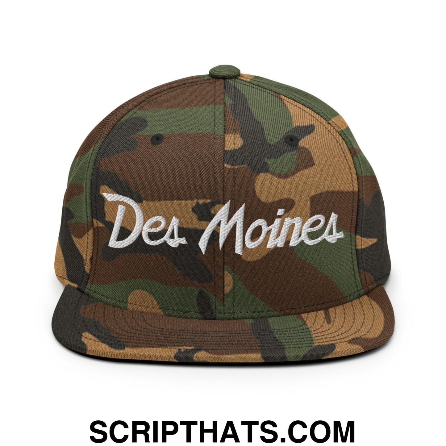 Des Moines Script Snapback Hat Green Camo