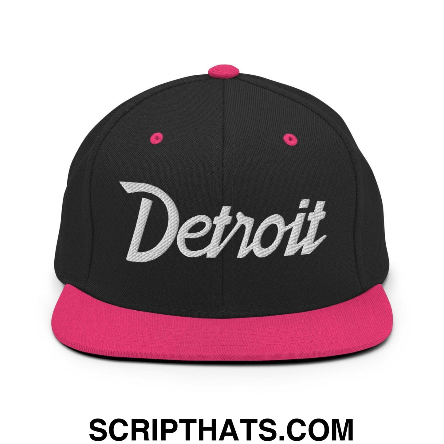 Detroit Script Snapback Hat Black Neon Pink