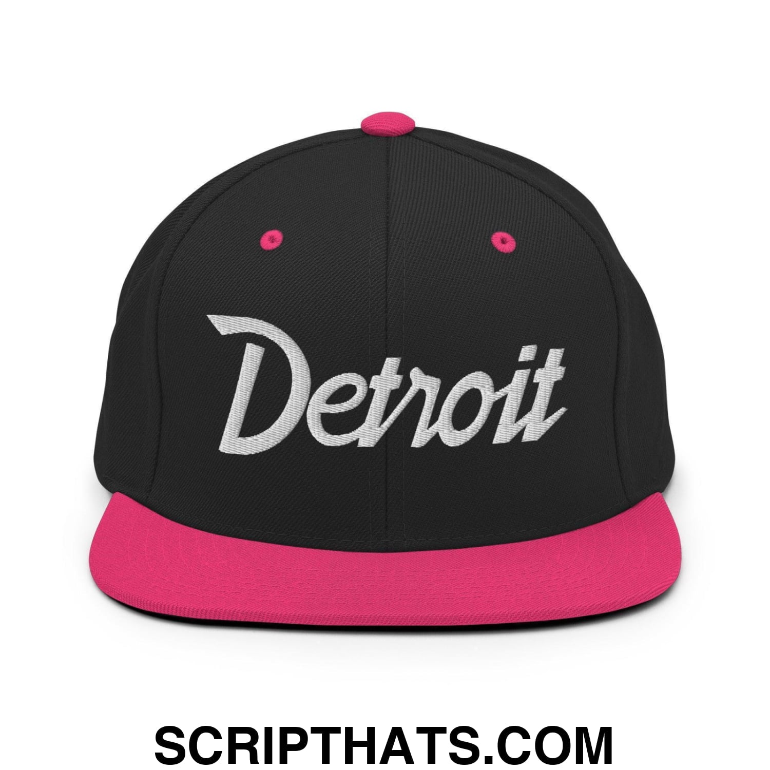 Detroit Script Snapback Hat Black Neon Pink