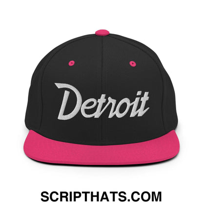 Detroit Script Snapback Hat Black Neon Pink