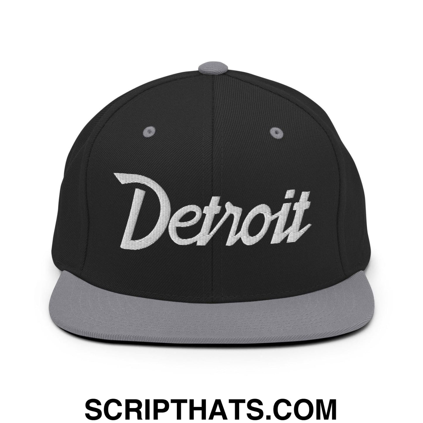 Detroit Script Snapback Hat Black Silver