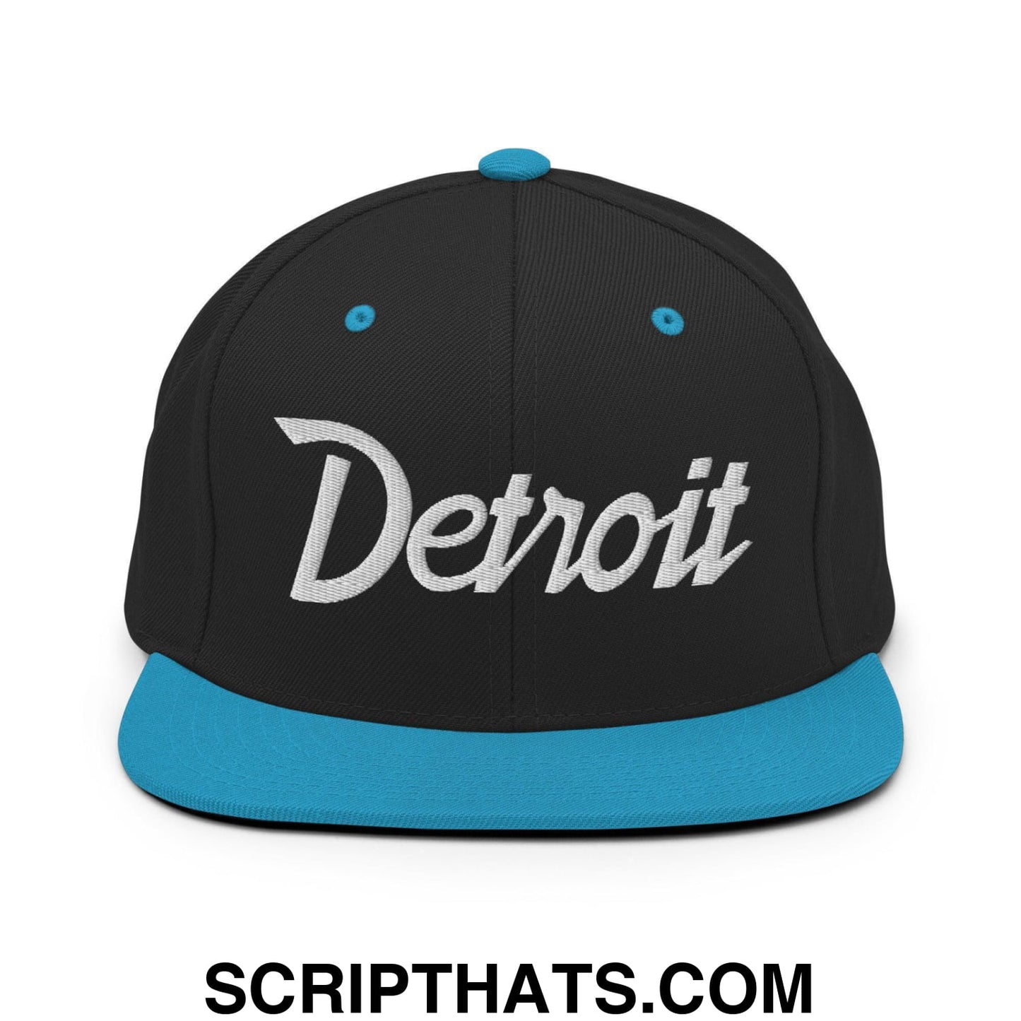 Detroit Script Snapback Hat Black Teal