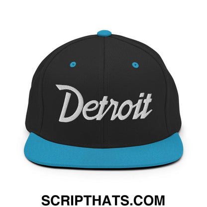 Detroit Script Snapback Hat Black Teal