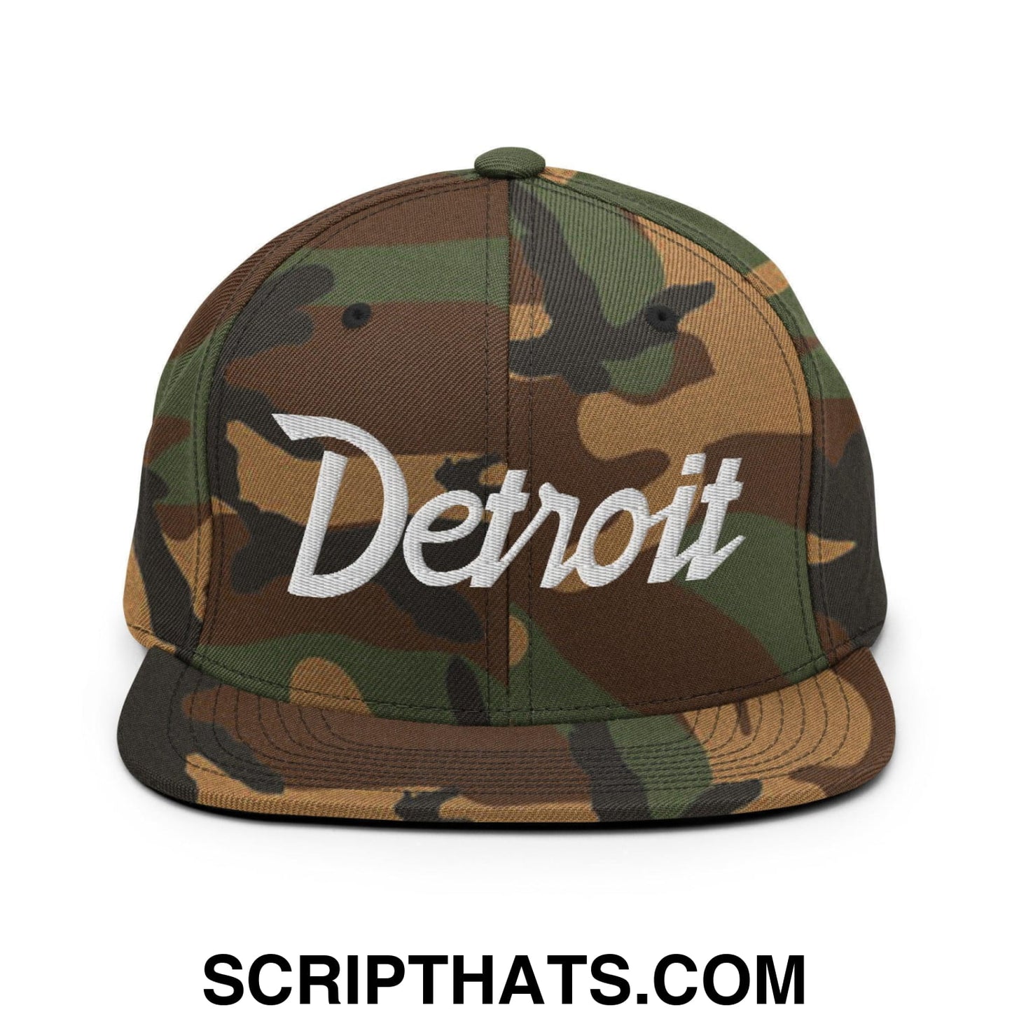 Detroit Script Snapback Hat Green Camo