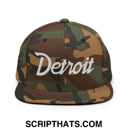 Detroit Script Snapback Hat Green Camo