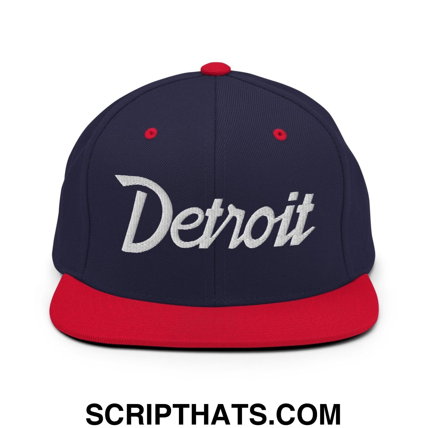 Detroit Script Snapback Hat Navy Red