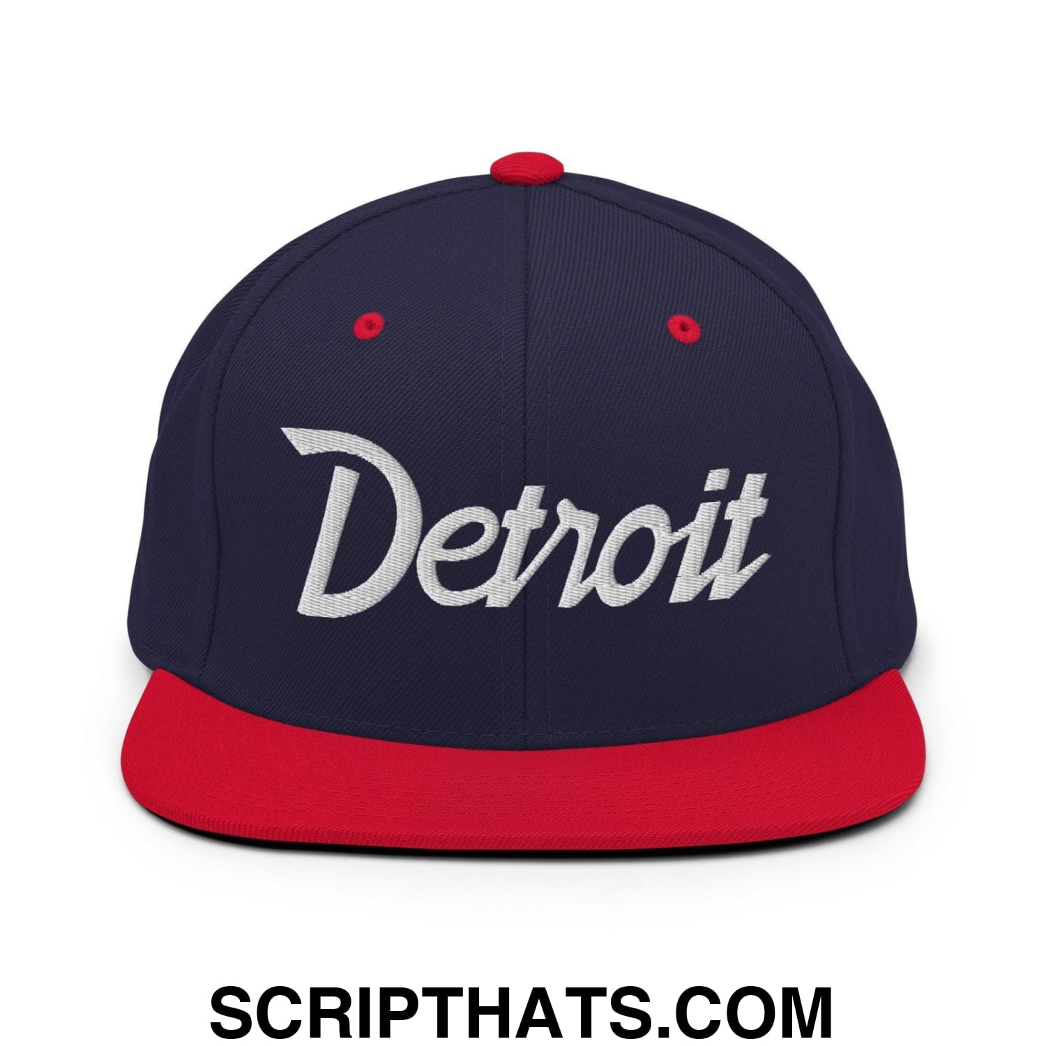 Detroit Script Snapback Hat Navy Red