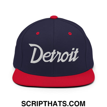 Detroit Script Snapback Hat Navy Red