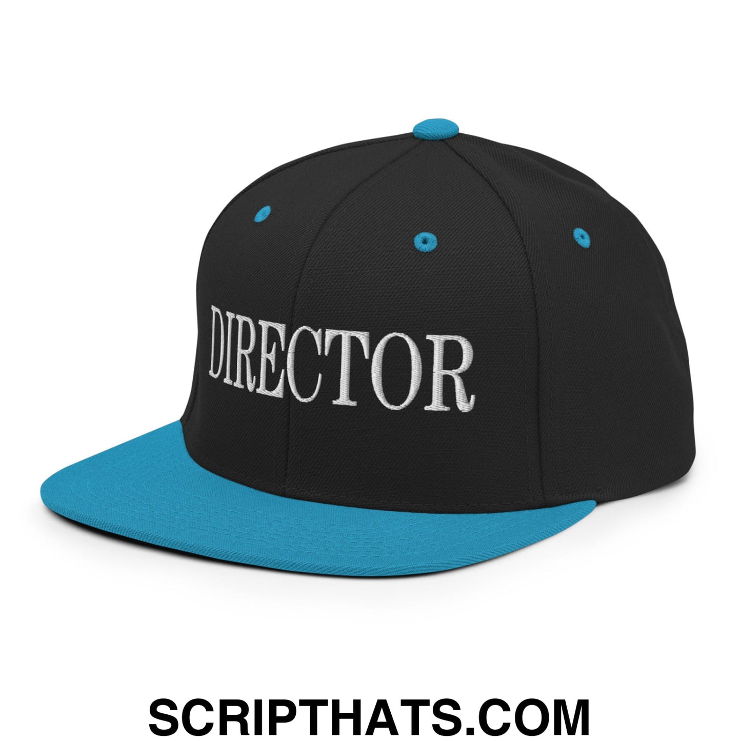 Director Embroidered Flat Bill Brim Snapback Hat Black Teal