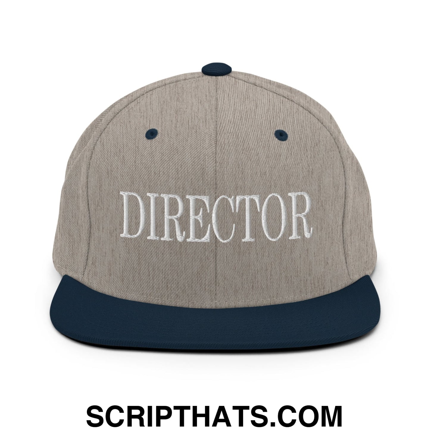 Director Embroidered Flat Bill Brim Snapback Hat Heather Grey Navy