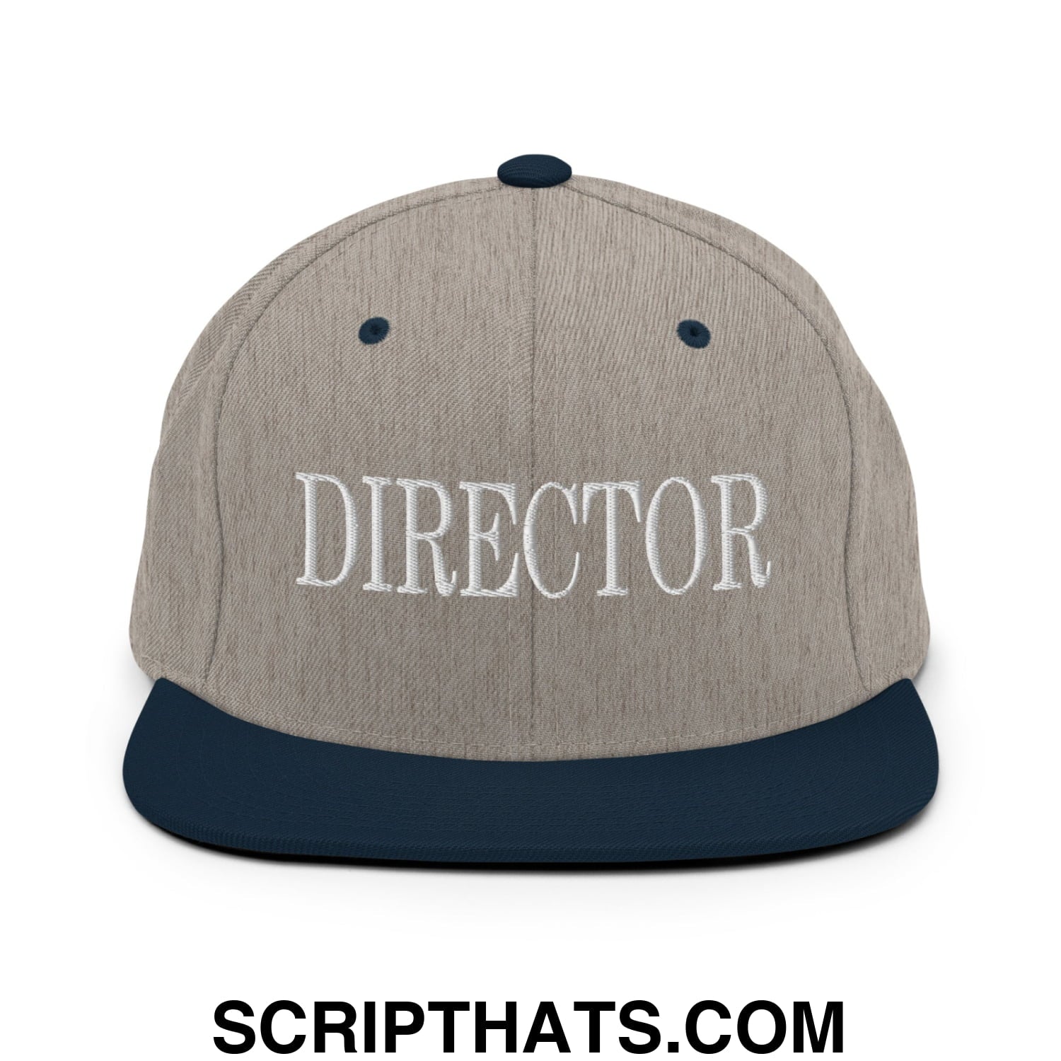 Director Embroidered Flat Bill Brim Snapback Hat Heather Grey Navy