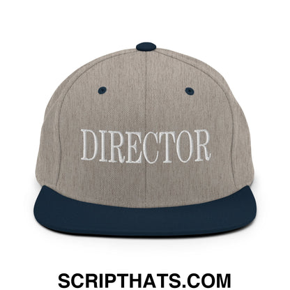 Director Embroidered Flat Bill Brim Snapback Hat Heather Grey Navy