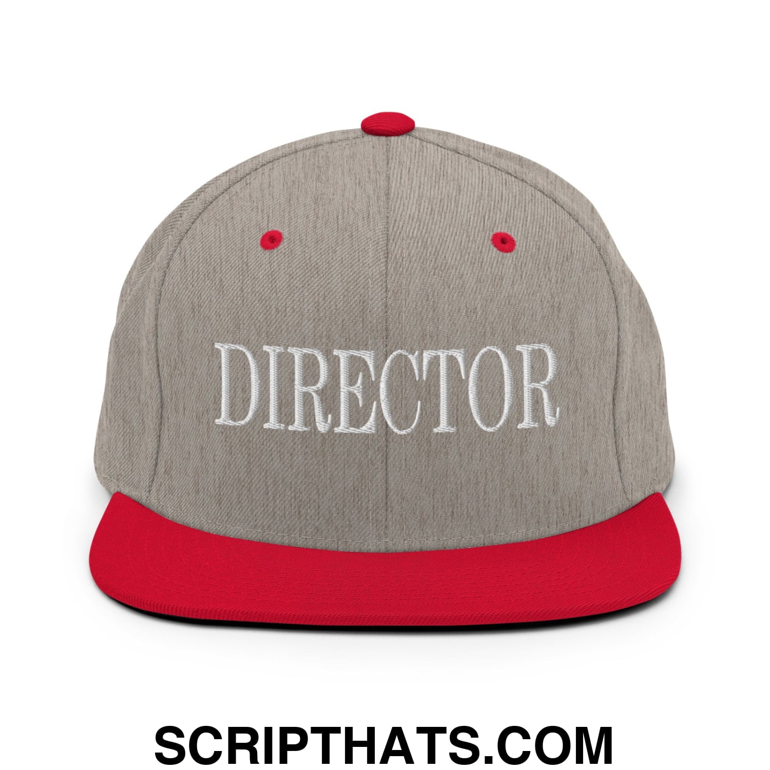 Director Embroidered Flat Bill Brim Snapback Hat Heather Grey Red