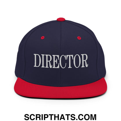 Director Embroidered Flat Bill Brim Snapback Hat Navy Red