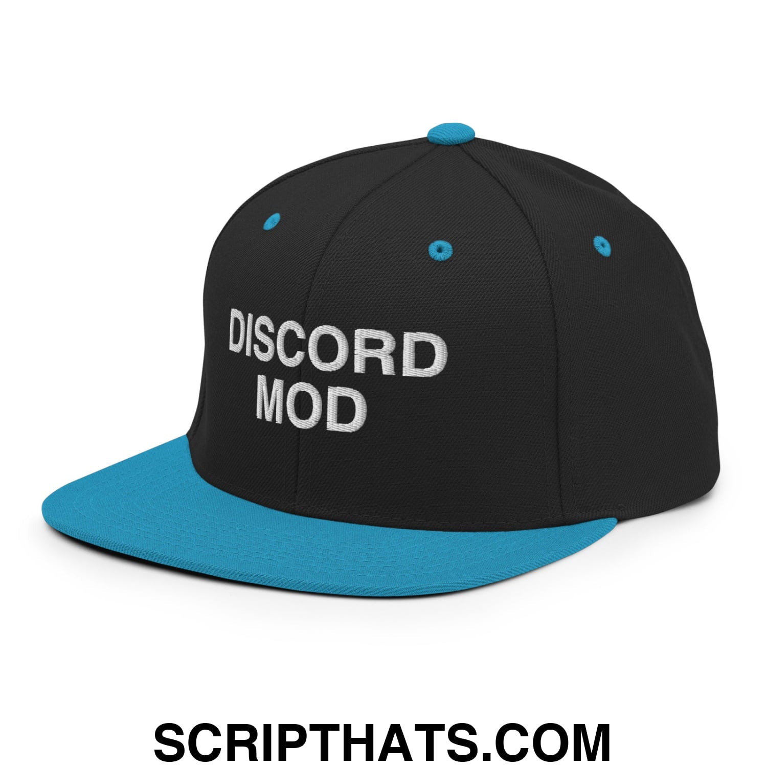 Discord Mod Embroidered Flat Bill Brim Snapback Hat Black Teal