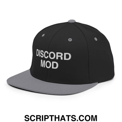 Discord Mod Embroidered Flat Bill Brim Snapback Hat Black Silver