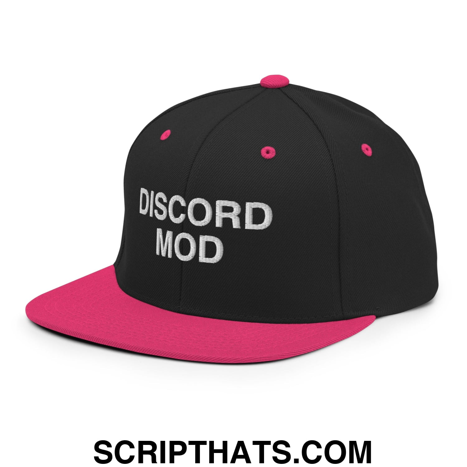 Discord Mod Embroidered Flat Bill Brim Snapback Hat Black Neon Pink