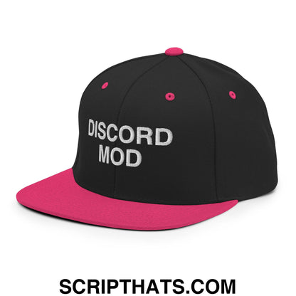 Discord Mod Embroidered Flat Bill Brim Snapback Hat Black Neon Pink