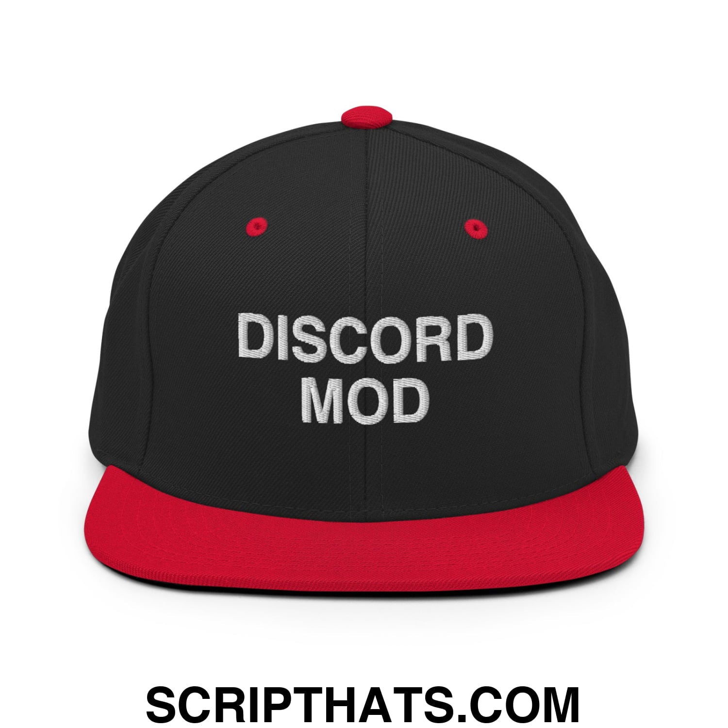 Discord Mod Embroidered Flat Bill Brim Snapback Hat Black Red