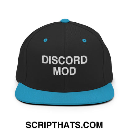 Discord Mod Embroidered Flat Bill Brim Snapback Hat Black Teal