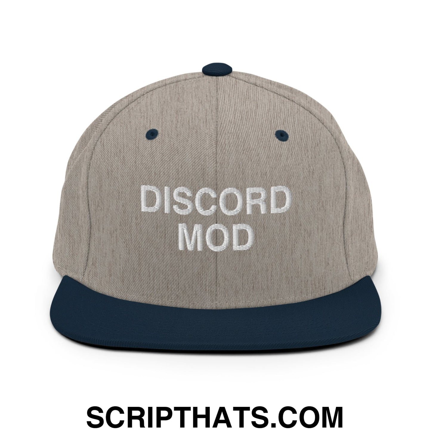Discord Mod Embroidered Flat Bill Brim Snapback Hat Heather Grey Navy