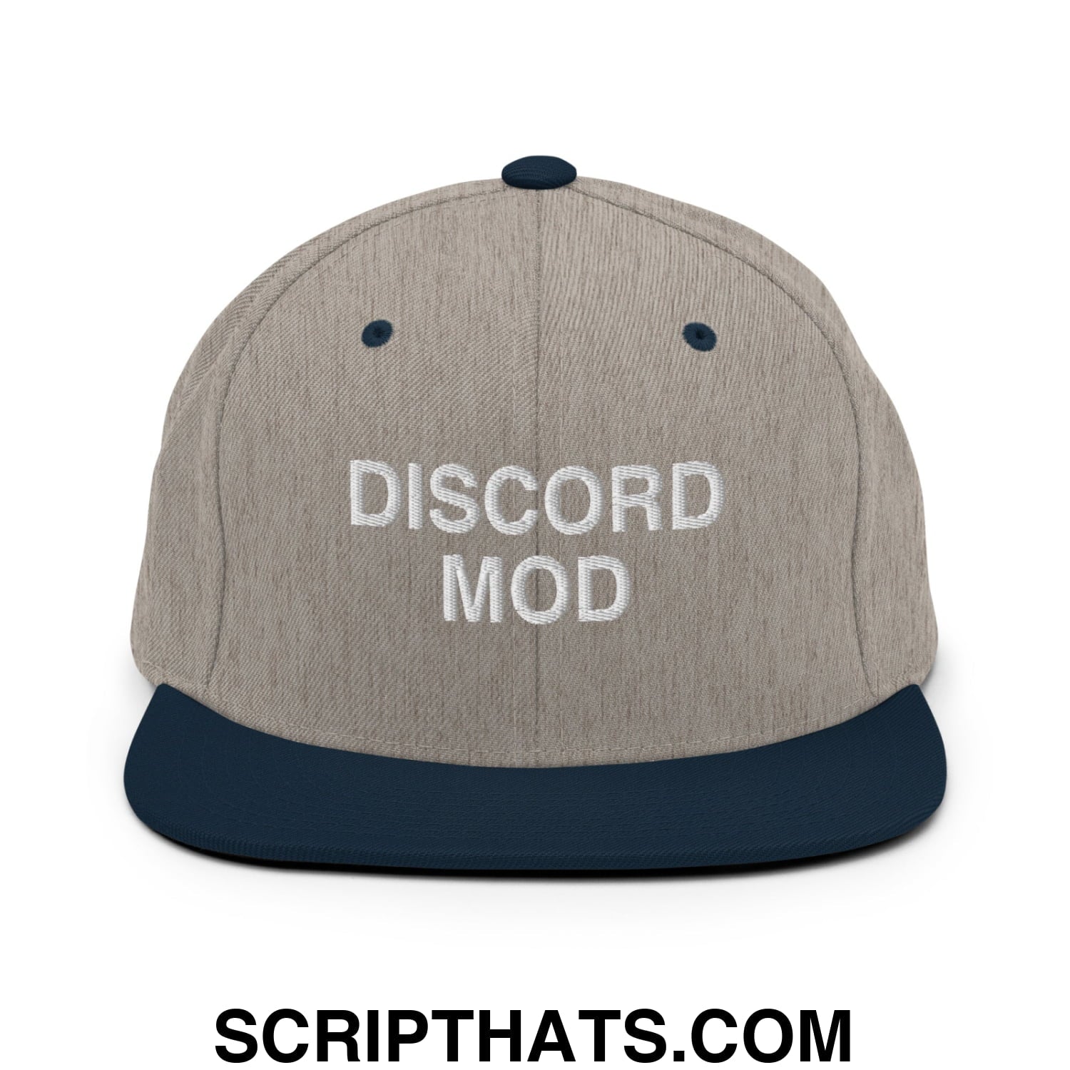Discord Mod Embroidered Flat Bill Brim Snapback Hat Heather Grey Navy