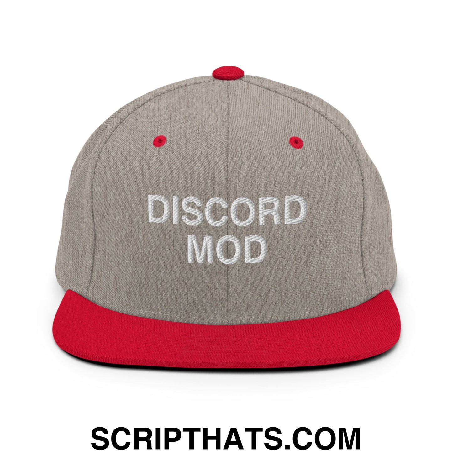 Discord Mod Embroidered Flat Bill Brim Snapback Hat Heather Grey Red
